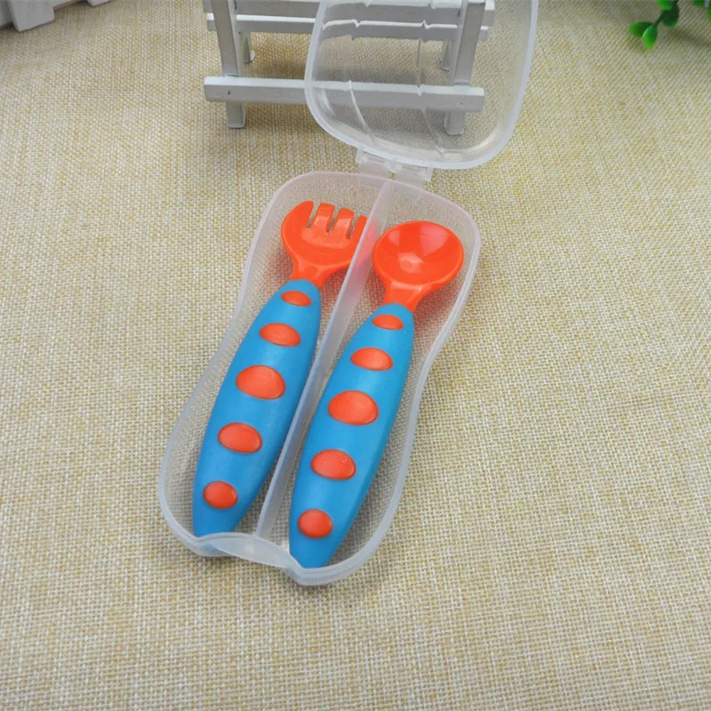Clear 2 шт./компл. разноцветные безопасные PP Ложка для малышей+ вилка противоскользящая ручка обучающая посуда детские блюда с коробкой для хранения