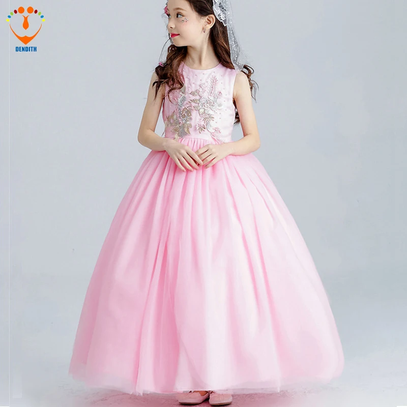 

2018 new Girls Ball Gown lace Dress bow baby girls flower wedding dress girl long dress pink children clothing