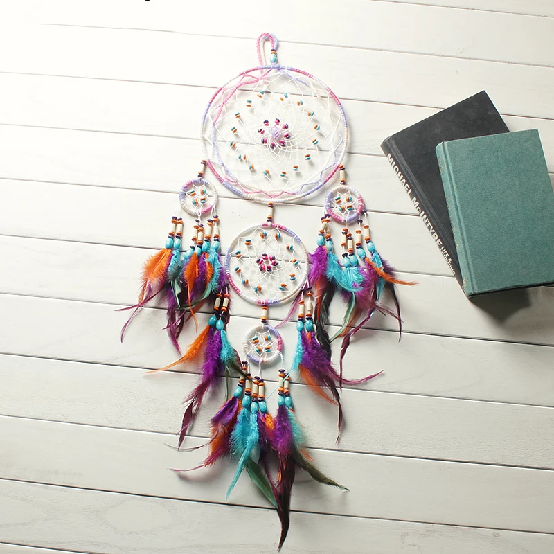 Пять кольца Dream Catcher экзотические украшения дома инновационные подарки колокольчиков Ловец снов натуральных перьев гобелены