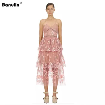 

self portrait 2019 Summer Women Short Sleeve Mesh Sequined Flower Embroidery Sexy Party Dress Runway Pink Layer Cake Long Dress