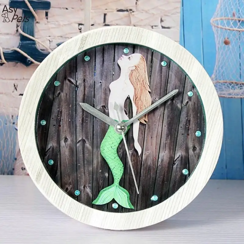 AsyPets Mute Quartz Alarm Clock, Retro Mermaid Round Wooden Clock