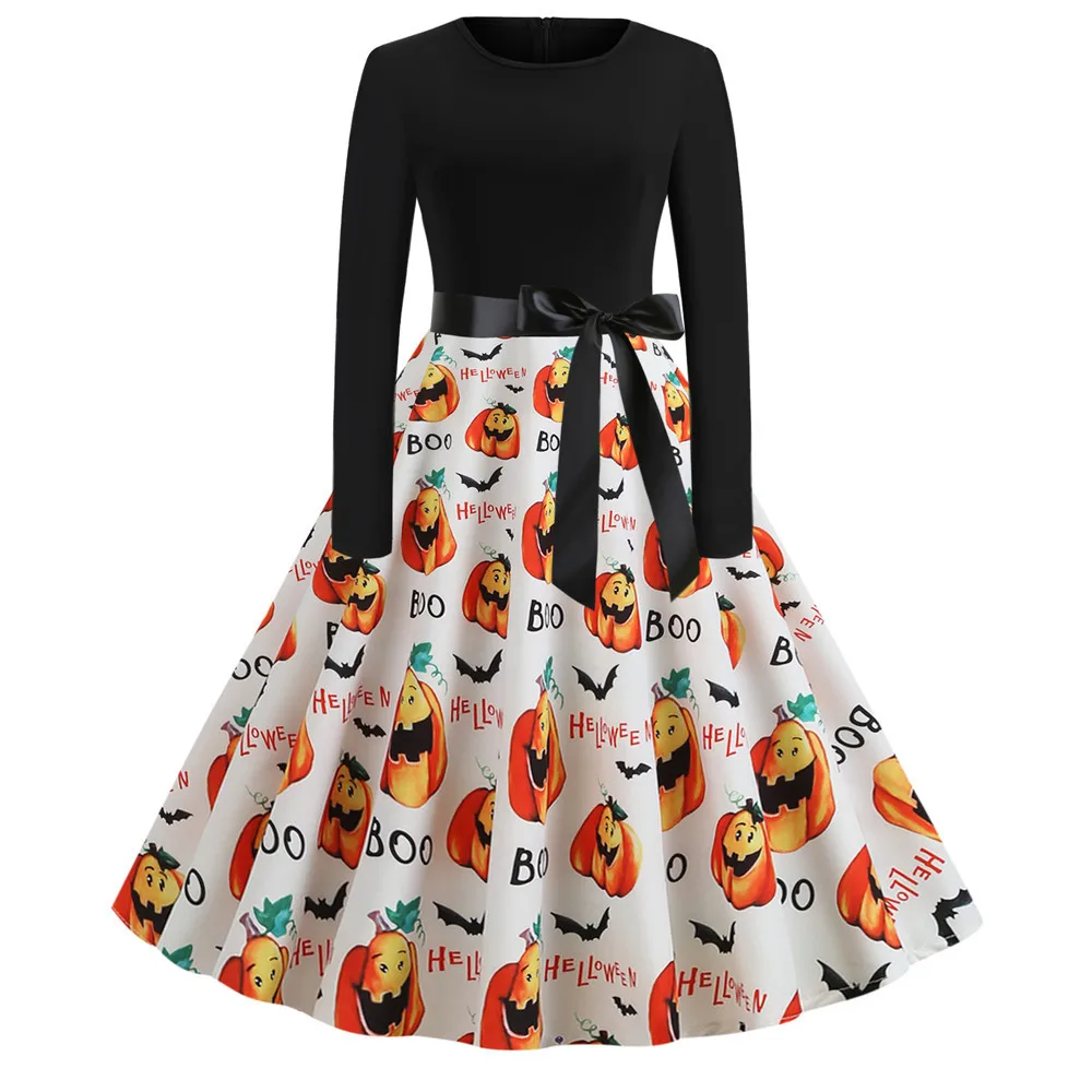 

2019 Halloween Vintage Dress Women Pumpkin Print Patchwork Midi Autumn Winter Dresses Long Sleeve Elegant Party Dress Plus Size