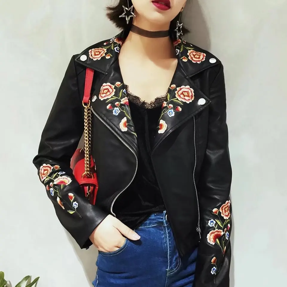 negro punk chaqueta de floral bordado mujeres 2017 otoño pu Faux cuero Chaquetas motocicleta zipper capa|faux leather jacket|leather jacketleather jacket styles - AliExpress