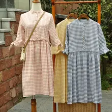 Лето г. Mori Girl Стиль японского спуска авторское маленькое Новинка клетчатое платье с бантом розового, голубого, желтого цвета, с коротким рукавом, свободное платье для девочек