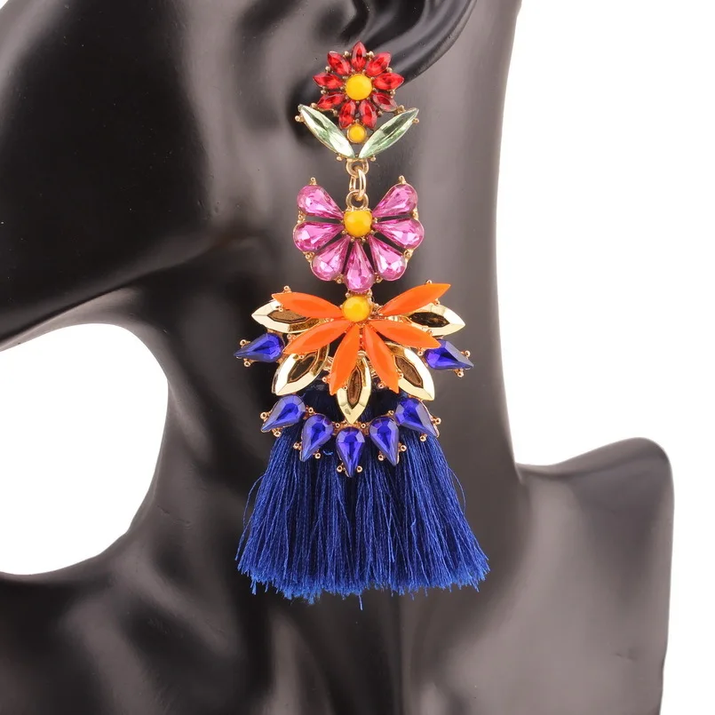 

Florosy Chunky Rope Tassel Pendant Drop Statement Crystal Flower Earrings for Women Design Dangle Gold Color Metal Earrings New