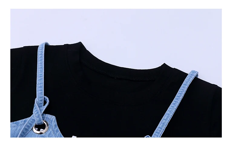 Летний комплект из 2 предметов для девочек, длинная футболка для малышей+ платье-пачка Детский костюм детский комплект, модный буквы печатный рисунок джинсовая сетка с ремешком для детей от 4 до 14 лет