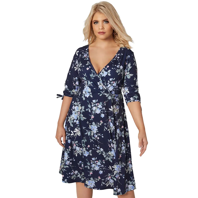 Navy-3-4-Length-Tie-Sleeves-Floral-Jersey-Wrap-Dress-LC610046-5-26936
