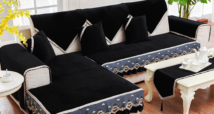 Короткая плюшевая черная Европейская кружевная подушка для дивана на четыре сезона, универсальный чехол для дивана, нескользящая универсальная подушка для отдыха