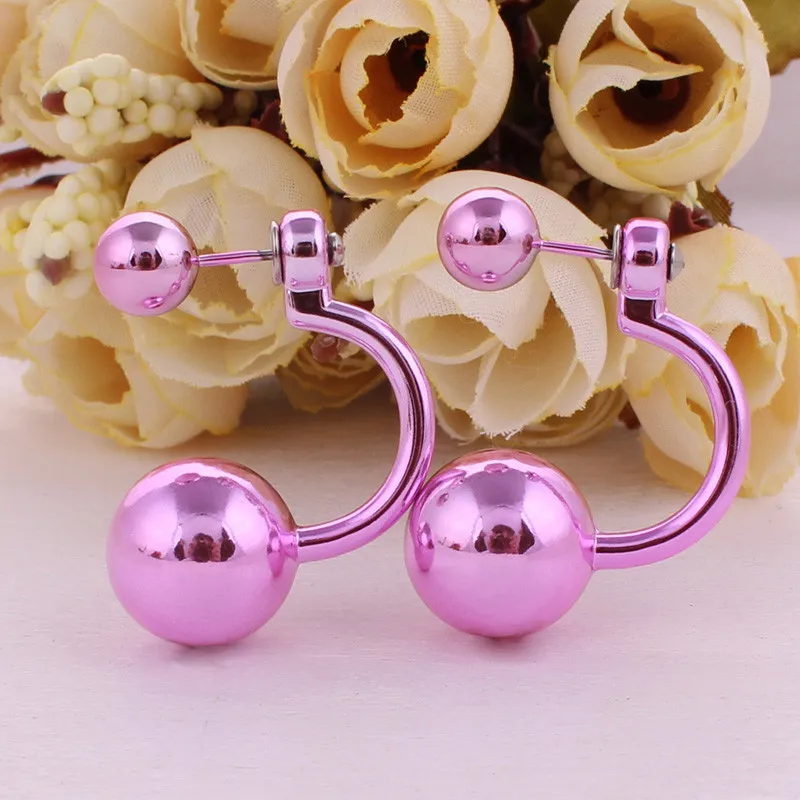 11 цветов, модные уникальные геометрические серьги из двух шариков, модные двухсторонние УФ блестящие жемчужные серьги-гвоздики для женщин - Окраска металла: Pink