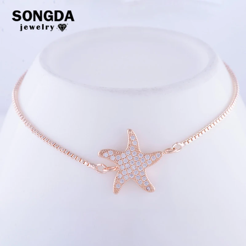 

SONGDA Fashion Beach Style 3 Color Starfish Charm Bracelet Micro Pave CZ Chain Link Bracelet for Women Jewelry Pulseira Feminina