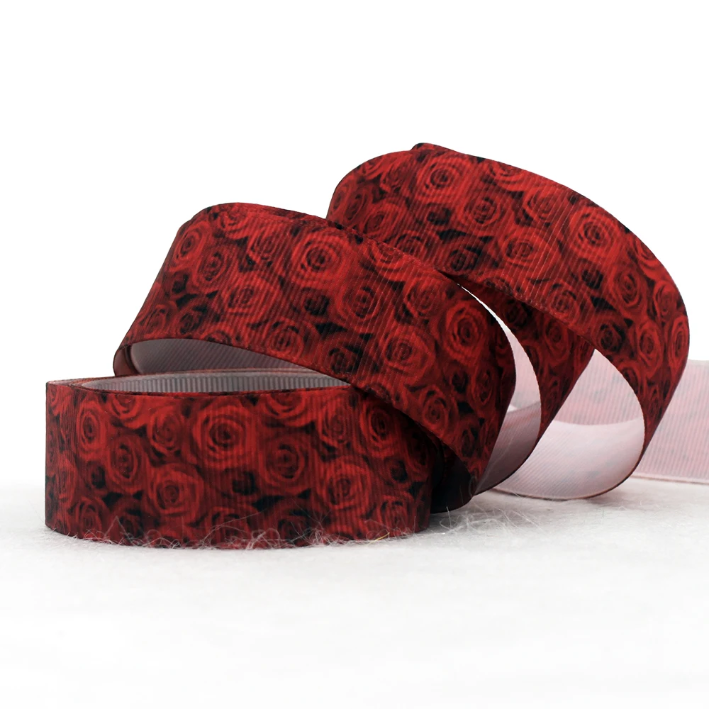 

[IuBuFiGo] 50 Yards 1" 25mm Flowers Wine Rose Printed Grosgrain Ribbon DIY Bows Wedding Party Decoration