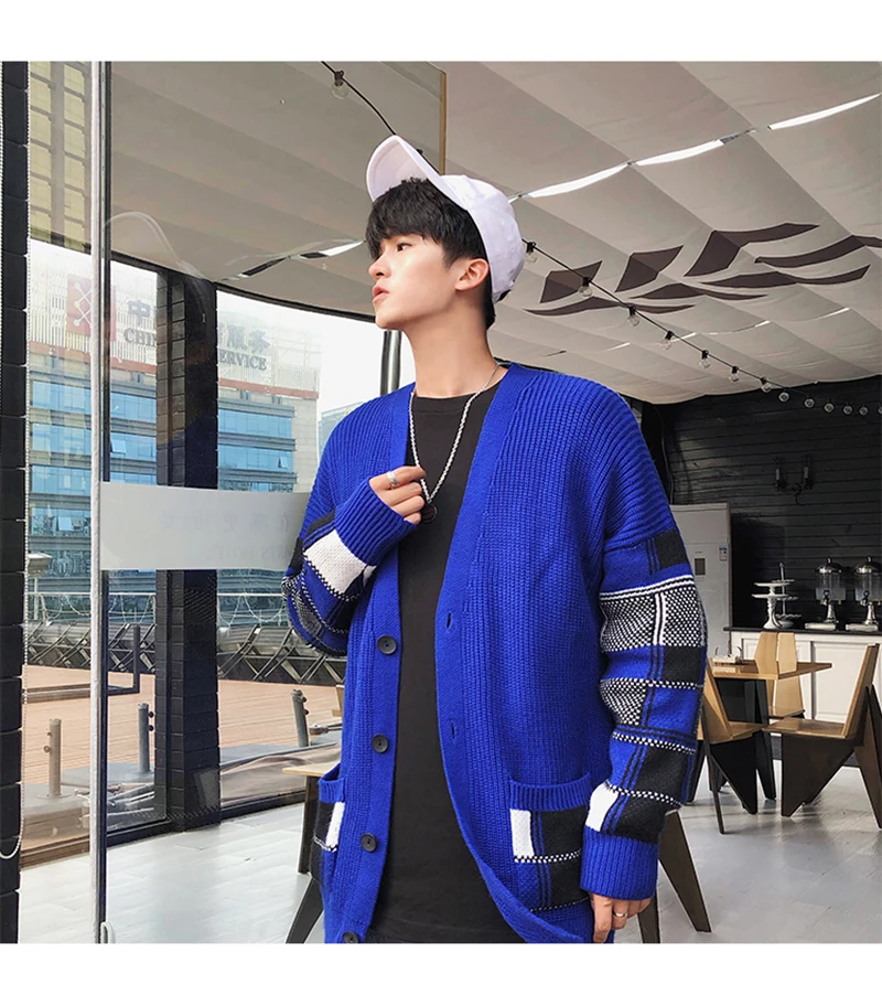 Check Button Cardigan Male Oversize Loose Streetwear Sweater Men Harajuku Cashmere Coat Modis High Street v Neck Pull Homme