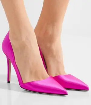 

Free Shipping 2017 New Arrival Women Sexy Hot Pink Pointed Toe Slip on Silk Party Charming Pumps High Heel Wedding Shoes Ladies