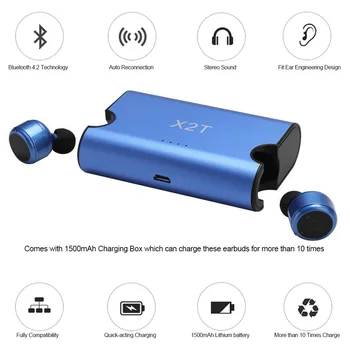 

X2T TWS Wireless Earphone Bluetooth 4.2 Headphones Sports Headset Stereo Music Earphones Hands-free w/ Mic 1500mAh Charging Box