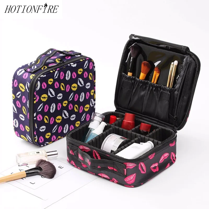 

Women Bag Mini Zipper Lady Business Oxford Pink Lips Flowers Cosmetic Case Suitcase for Toiletry Bag Travel Organizer Makeup Bag