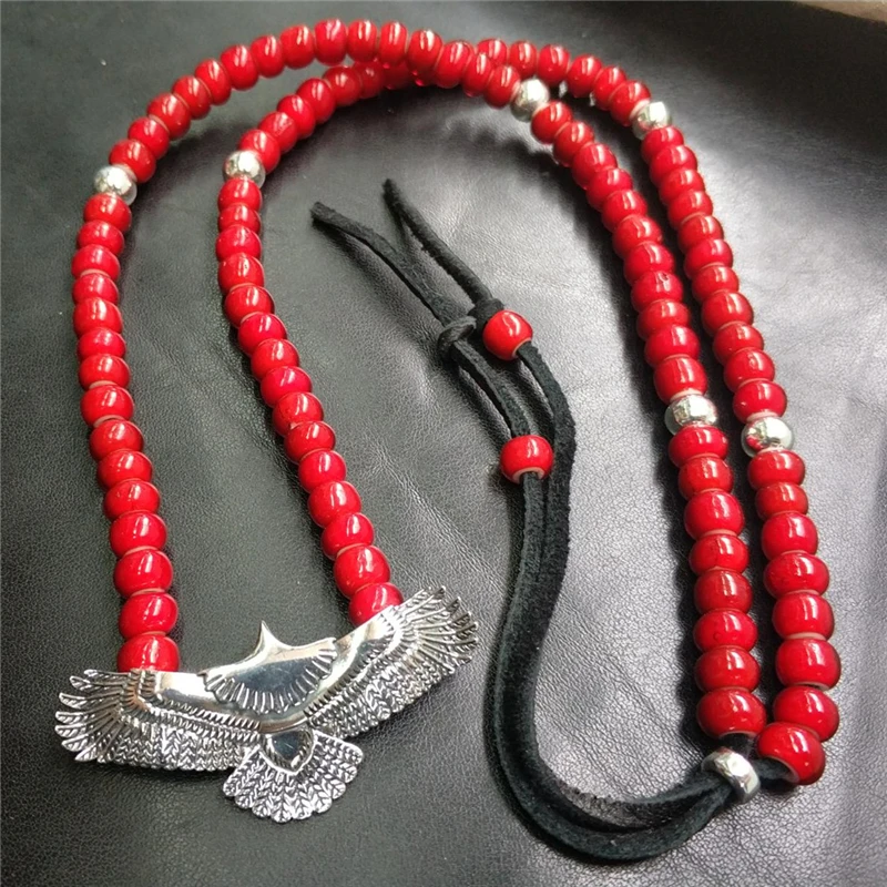 

Handmade Indian Style Sterling Silver 925 Eagle Pendant Bead Necklace Men Women Deerskin Leather Long Necklace Customize Jewelry