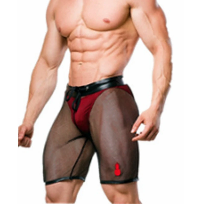 

Fashion Sexy Mens Summer See through Faux Leather Mesh Splice Low Rise Slim Fit Tight Boxer Nightclub Clubwear Shorts 2018 New
