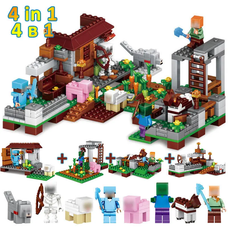 

390pcs Diy Blocks Compatible With Legoingly Minecrafted Village 4 In 1 With Steve Skeleton Alex Figures Toys For Children