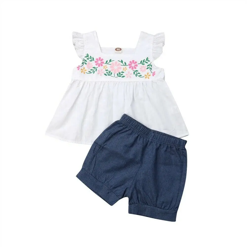 

Pudcoco 2019 Summer Baby Girl Outfit Floral Top Denim Short Pants Kids Toddler Summer Clothes Set