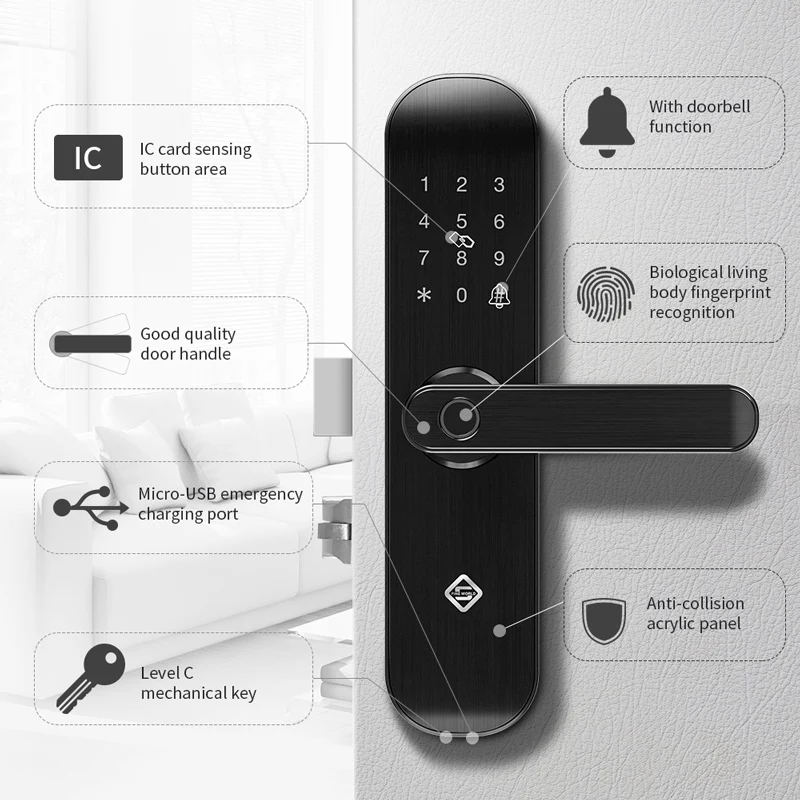 PINEWORLD Biometric Fingerprint Lock, Security Intelligent Lock With WiFi APP Password RFID Unlock,Door Lock Electronic Hotels