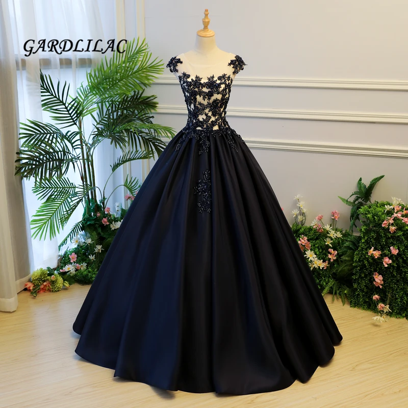 

Navy Blue Ball Gown Quinceanera Dresses 2019 Satin Lace Appliques Long Prom Dress Sweet 16 Dresses For 15 Years Party Gown