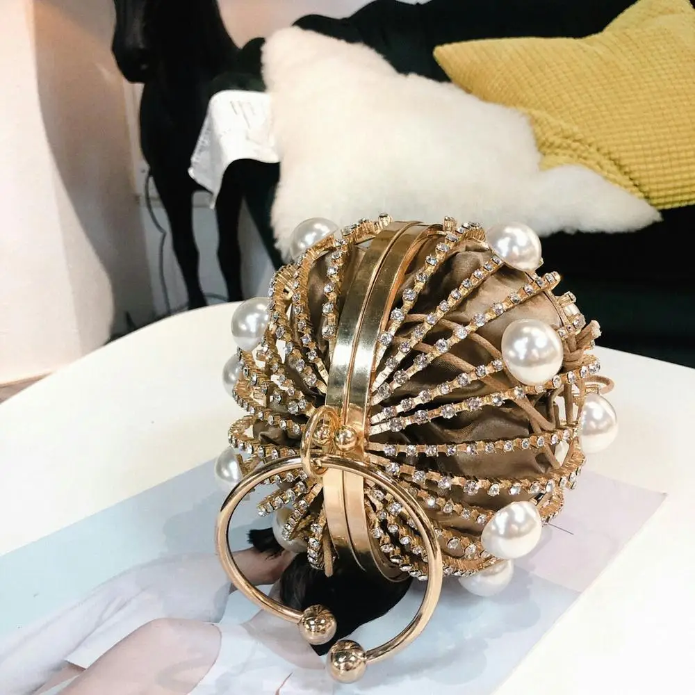 Ball Shaped Hollow Metal Alloy Party Bag Women Gold Cage Evening Bag Pearl Crystal Wedding Clutch Purses Gift Wristlets Handbags