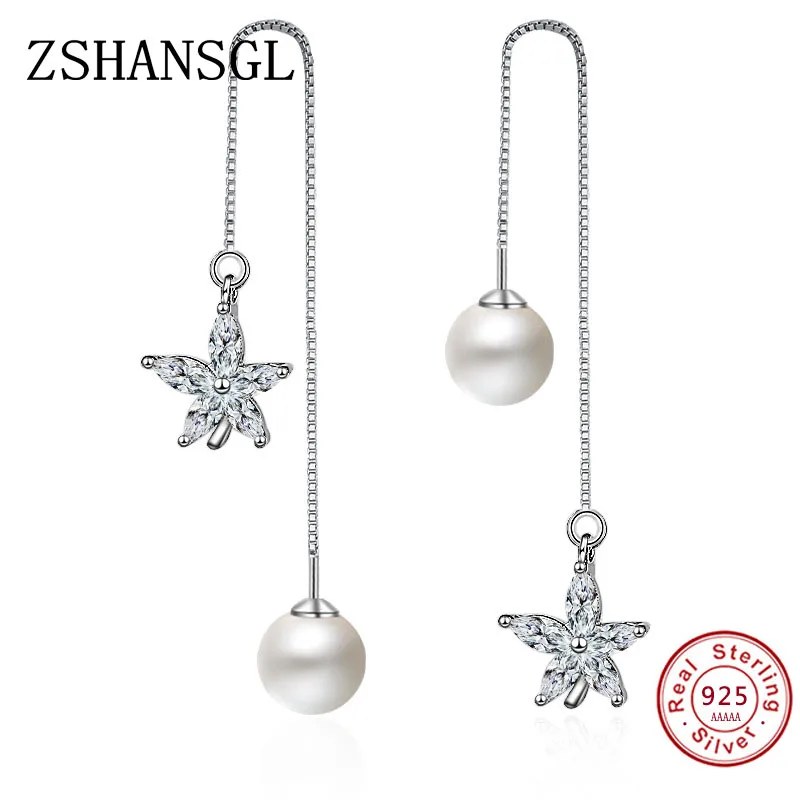 

925 Sterling Silver Geometric Snowflake Flower Clear Pearl Drop Earrings for Women Brincos Fine Jewelry Bijoux Gift