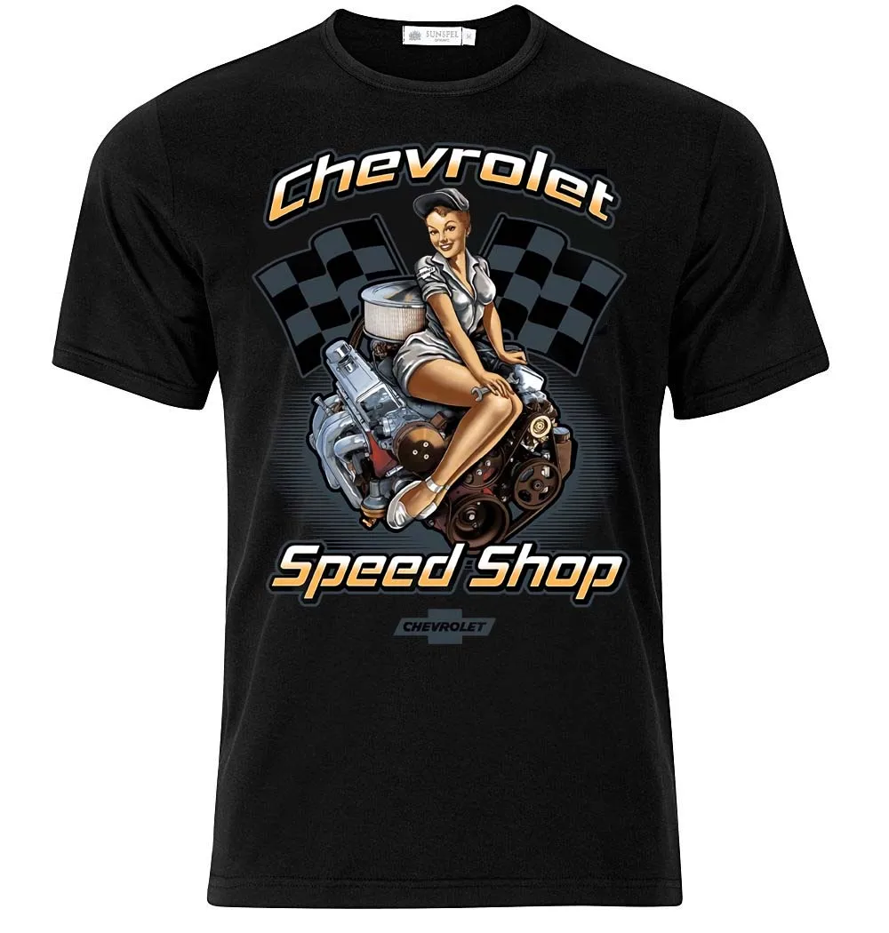 Летняя крутая футболка 2019 для Chevrolet Speed Shop черная с надписью Pin Up и флагами гонок