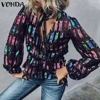 

VONDA 2019 Autumn Shirts Women Sexy V Neck Long Lantern Sleeve Blouse Plus Size Printed Blusas Femme Blouse And Tops Tunic S-5XL