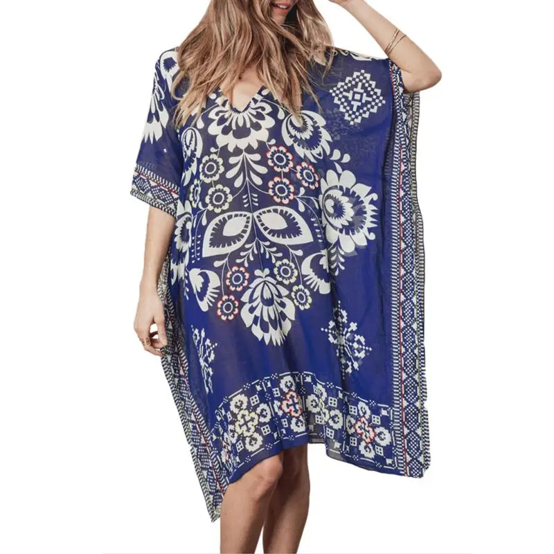 

Womens Summer Chiffon Deep V-Neck Beach Dress Ethnic Retro Geometric Floral Printed Bikini Cover Up Semi Sheer Oversized Loose P