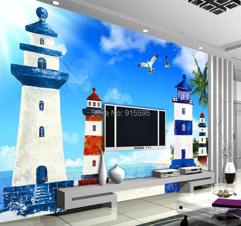 Пользовательские Фото Фреска Средиземноморский Стиль голубое небо белые облака Маяк Гостиная ТВ фон декоративные Картинки обои 3D