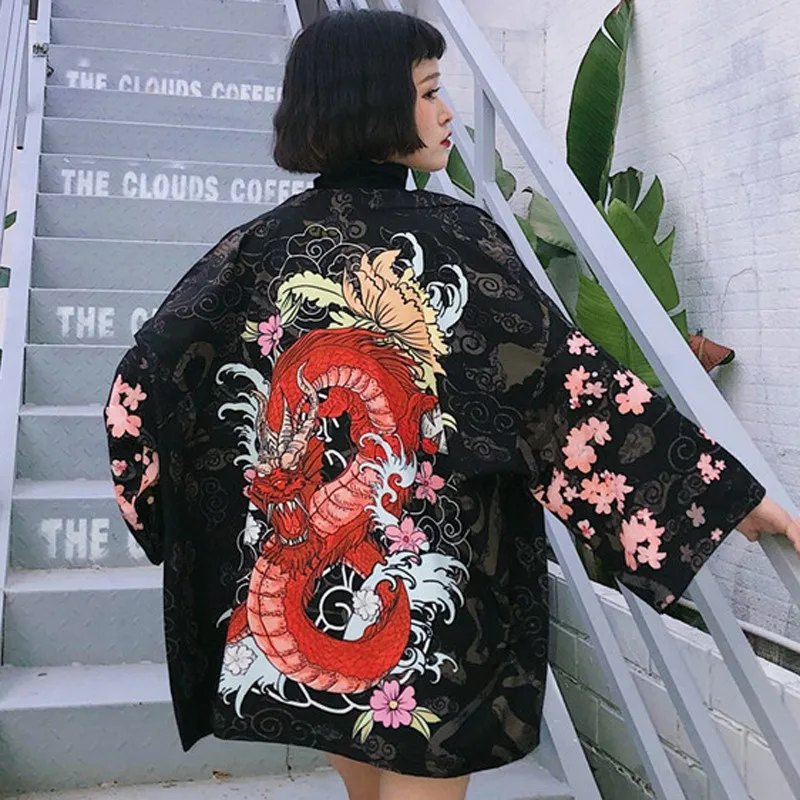 Bella philosophy японский стиль печати Винтаж Harajuku стиль блузка волны и ветра рубашки с драконом японский рукав летучая мышь кимоно