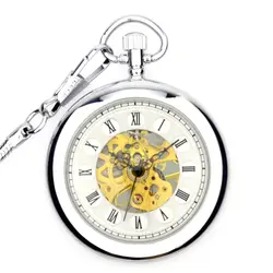 Горячая продажа Ретро Серебряный Гладкий Скелет Механические карманные часы для мужчин и женщин брелок цепь ручной обмотки полный