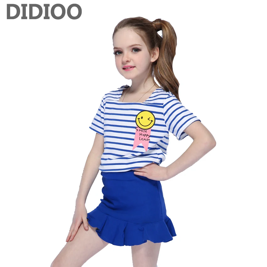 

Clothing Sets for Girls Summer Children Cotton T-shirts & Skirts Suits Kids Stripe Tops Skirts Sets 2 8 9 12 Years Girls Outfits