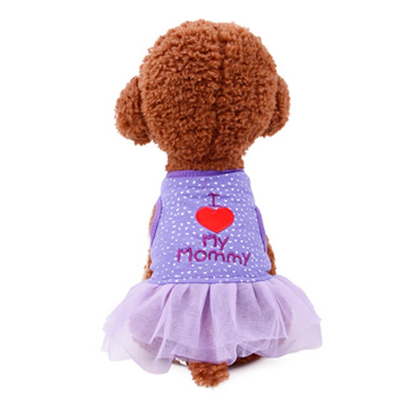 Розовое фиолетовое платье для собак с узором в виде сердца, с надписью «I Love Mommy», с изображением щенка, кошки, юбка-пачка, кружевная юбка, платья без рукавов, летняя одежда