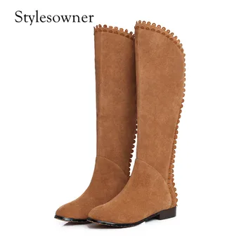 

Stylesowner 2018 Winter Hand-made High Quality Cow Suede Female Long Boots Brown Solid Color Low Heels Mature Western Boots