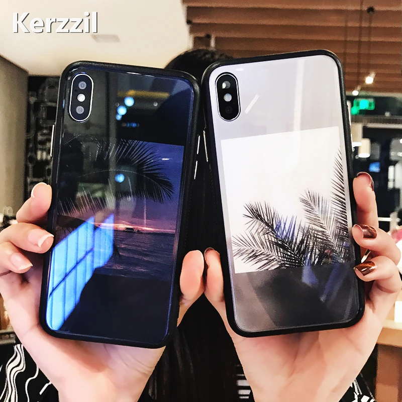 Kerzzil Landscape Tempered Glass For iPhone 8 6 6S Plus Phone Case Soft silicone Sea Sky X 7 Hard case |