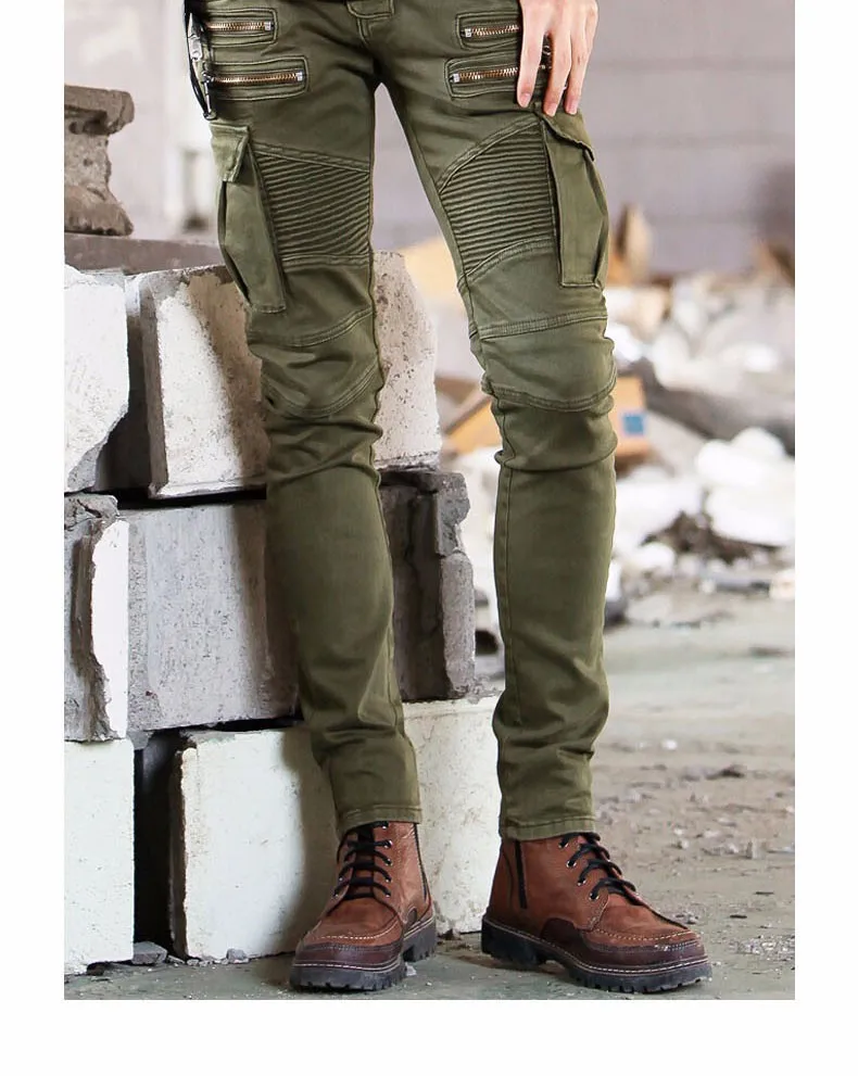 Зеленый черный деним мужские байкерские джинсы скинни 2015 потертые, Runway обтягивающие эластичные джинсы хип-хоп моющийся