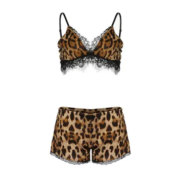

lingerie sexy hot erotic 2019 summer Women Plus Size Sexy Lingerie Bow Lace Trim Leopard Underwear Sleepwear Set#3