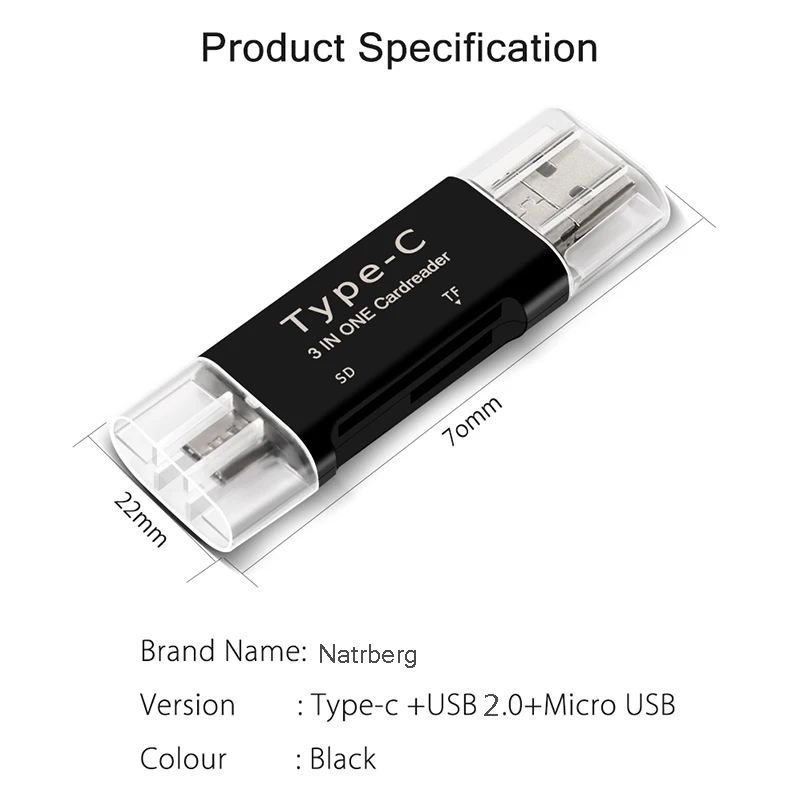 Natrberg адаптер карты micro SD 3 в 1 USB C кард-ридер карта памяти SD мини TF чтение Тип C USB-C памяти для ПК Android телефон - Цвет: Черный