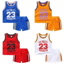 Летние хлопковые спортивные костюмы для мальчиков с буквенным принтом и цифрой 23; детский спортивный костюм; жилет и шорты; комплект в полоску для футбола; детская одежда