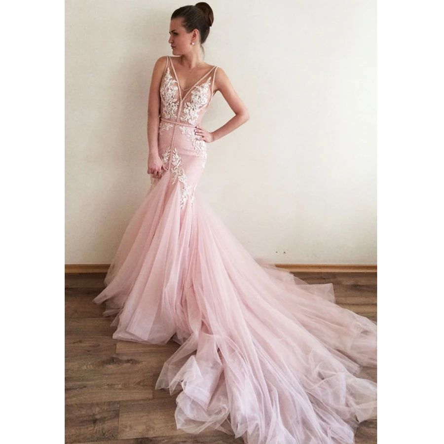 

Pink Mermaid Evening Dresses 2019 floor length bridal Evening formal dress vestidos de noiva long open back women Prom dress
