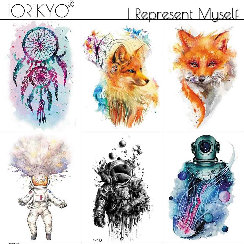 

IORIKYO Watercolor Tribal Fox Temporary Tattoo Dreamcatcher Stickers Women Arm Astronaut Planet Waterproof Tattoo Spacemen Tatoo