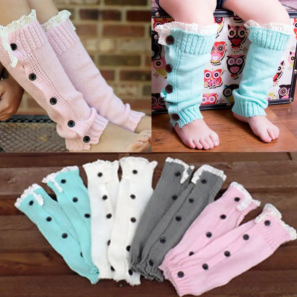 Warm Kids Girls Trendy Knitted Button Lace Leg Warmers Trim Boot Cuffs