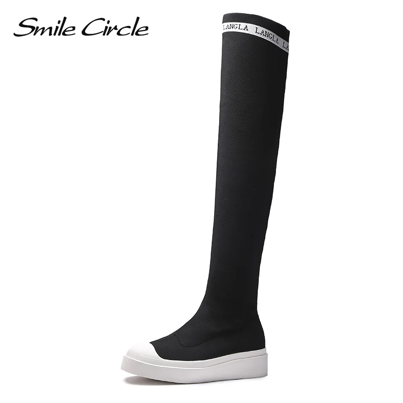 

Smile Circle High-quality knitting thigh high boot women Elastic over knee boots Flat Platform shoes Women boots black A98D229-3