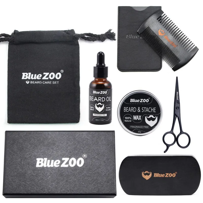 

7 Pcs Men Moustache Cream Nutrition Beard Oil Beard Scissors Kit Box Moustache Comb Brush with Storage Bag KitsS1