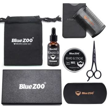 

7 Pcs Men Moustache Cream Nutrition Beard Oil Beard Scissors Kit Box Moustache Comb Brush with Storage Bag KitsS1