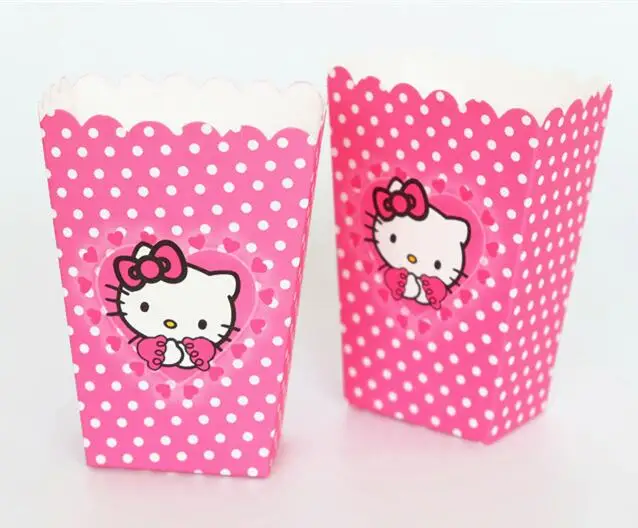 

6pcs/lots hello kitty Cartoon Prints Popcorn Cup Box Happy Birthday Party Candy Box For Kids Favor Gift Supplies