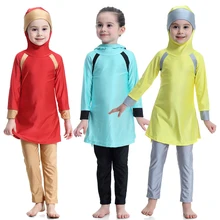 Купальники детский купальник для девочек из двух частей купальные костюмы мусульманского хиджаба, длинный рукав, топы+ Штаны пляжные купальные костюмы