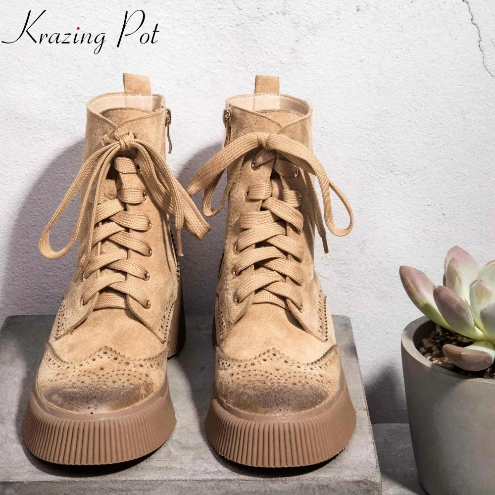 

Krazing pot pig leather round toe med heels Chelsea boots lace up preppy style Korean version European Oxfords ankle boots L03